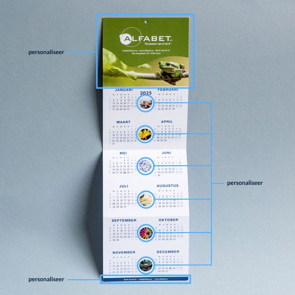 Afbeelding van wandkalender met mogelijkheid tot personalisatie met eigen logo, afbeeldingen en contactgegevens